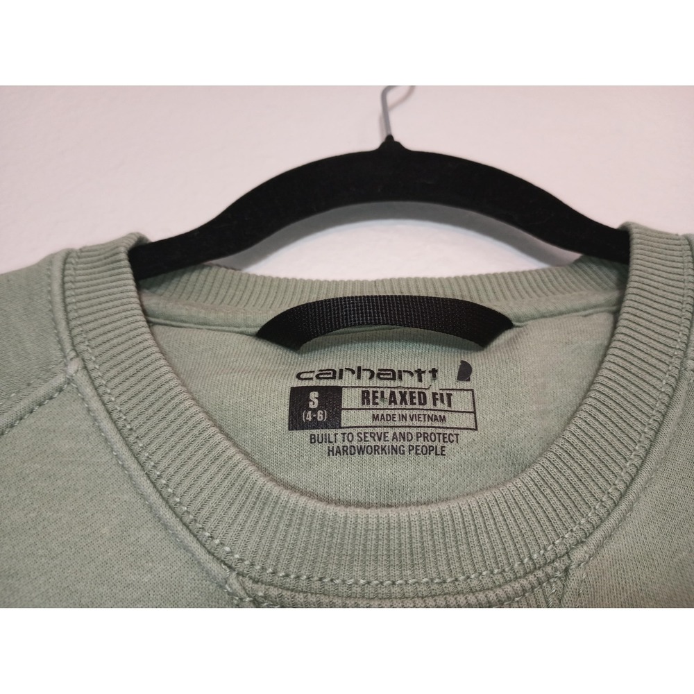 Carhartt Womens Relaxed Fit Sage Green Graphic Sleeve Sweatshirt Small S 4-6 - Picture 2 of 6